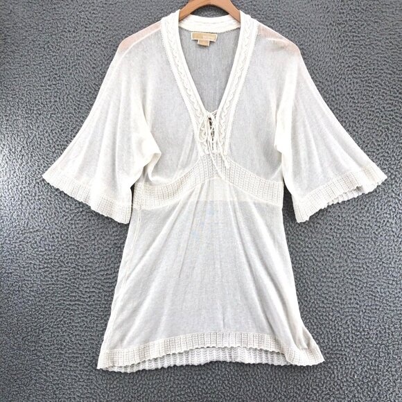 Michael Kors Top Women Small White Linen Knit Crochet Peasant 3/4 Sleeve Stretch - Picture 1 of 10